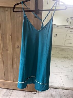 Teal Satin-Effect Slip Dress with Contrast Hem